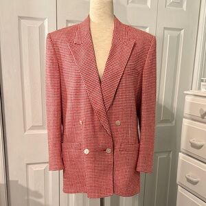 Vintage KNIKERS Cream and Red Houndstooth Double Breasted Blazer Sz 12 Silk